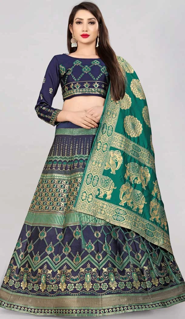Navy Blue Color Banarasi Silk Jacquard Work Traditional Wear Lehenga Choli -5017159224