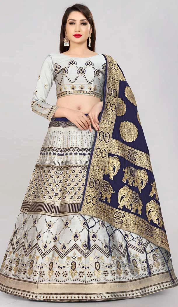 White Color Banarasi Silk Jacquard Work Traditional Wear Lehenga Choli -5017159225