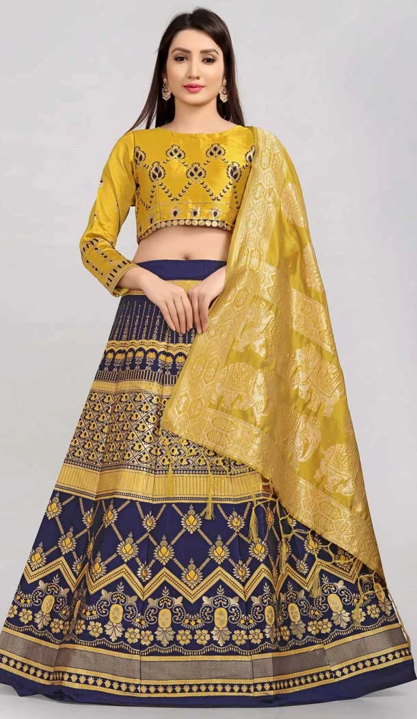 Mustard Color Banarasi Silk Jacquard Work Traditional Wear Lehenga Choli -5017159226