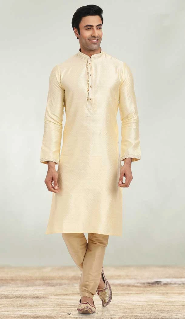 Beige Color Jacquard Self Work Function Wear Men's Kurta Pajama -5106159850