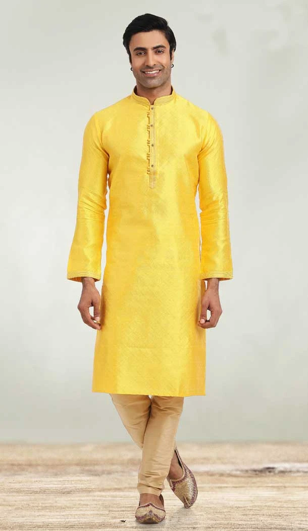 Yellow Color Jacquard Self Work Function Wear Men's Kurta Pajama -5106159853