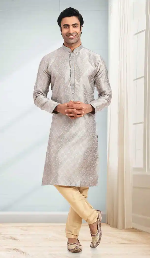 Grey Color Jacquard Self Work Function Wear Men's Kurta Pajama -5106159854