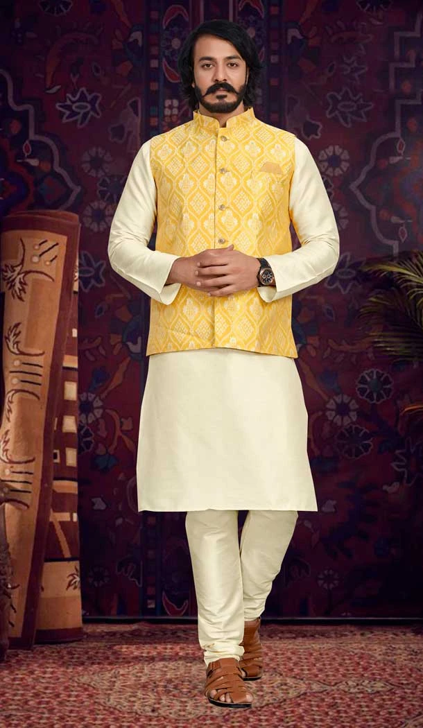 Traditional Wear Cream And Yellow Color Jacquard Men's Kurta Pajama With Jacket -5107159859