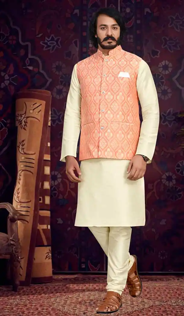 Traditional Wear Cream And Peach Color Jacquard Men's Kurta Pajama With Jacket -5107159860