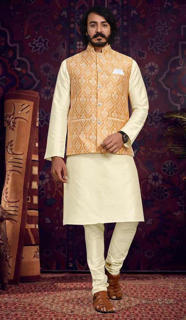 Traditional Wear Cream And Orange Color Jacquard Men's Kurta Pajama With Jacket -5107159861
