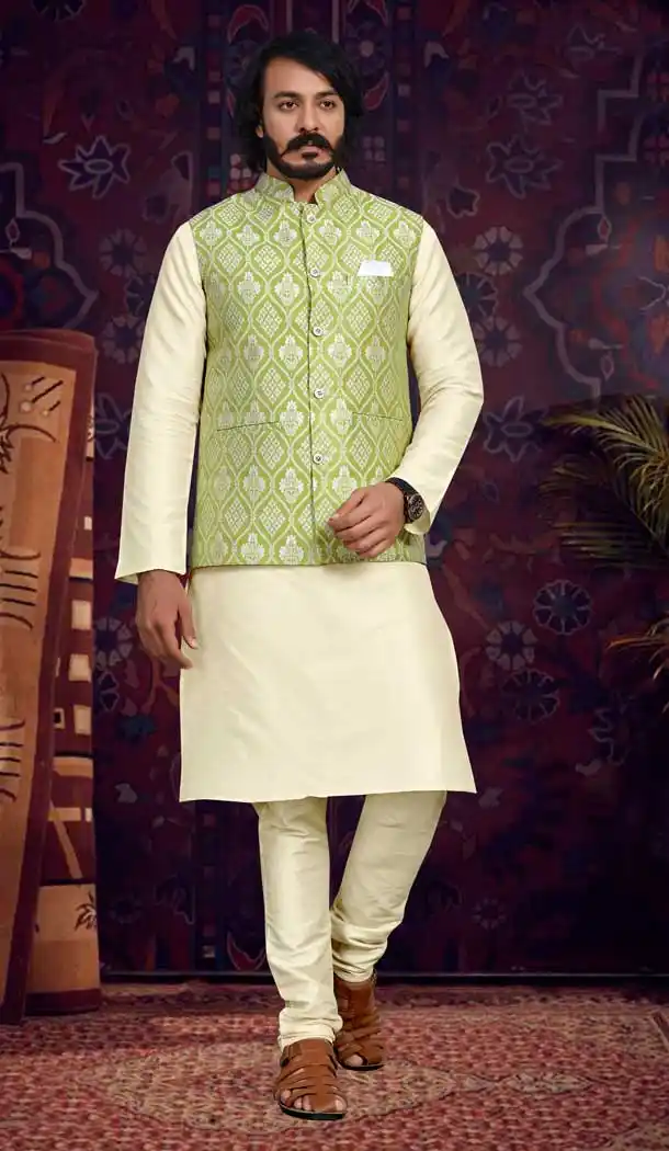 Traditional Wear Cream And Pista Green Color Jacquard Men's Kurta Pajama With Jacket -5107159862