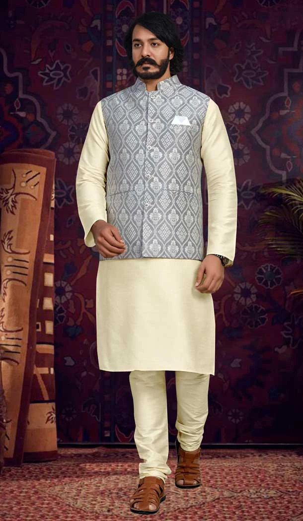 Traditional Wear Cream And Grey Color Jacquard Men's Kurta Pajama With Jacket -5107159863