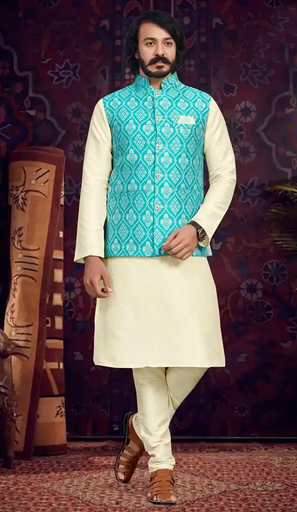 Traditional Wear Cream And Sea Green Color Jacquard Men's Kurta Pajama With Jacket -5107159866