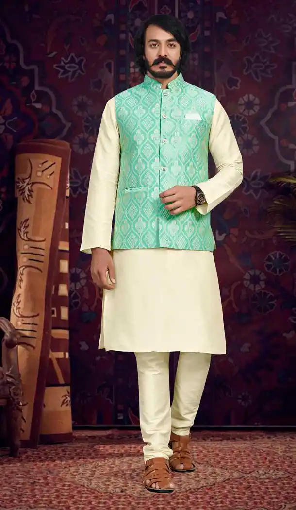 Cream And Pista Green Color Traditional Wear Jacquard Men's Kurta Pajama With Jacket -5107159867