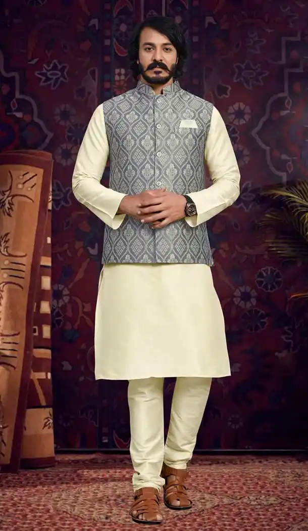 Cream And Grey Color Traditional Wear Jacquard Men's Kurta Pajama With Jacket -5107159868