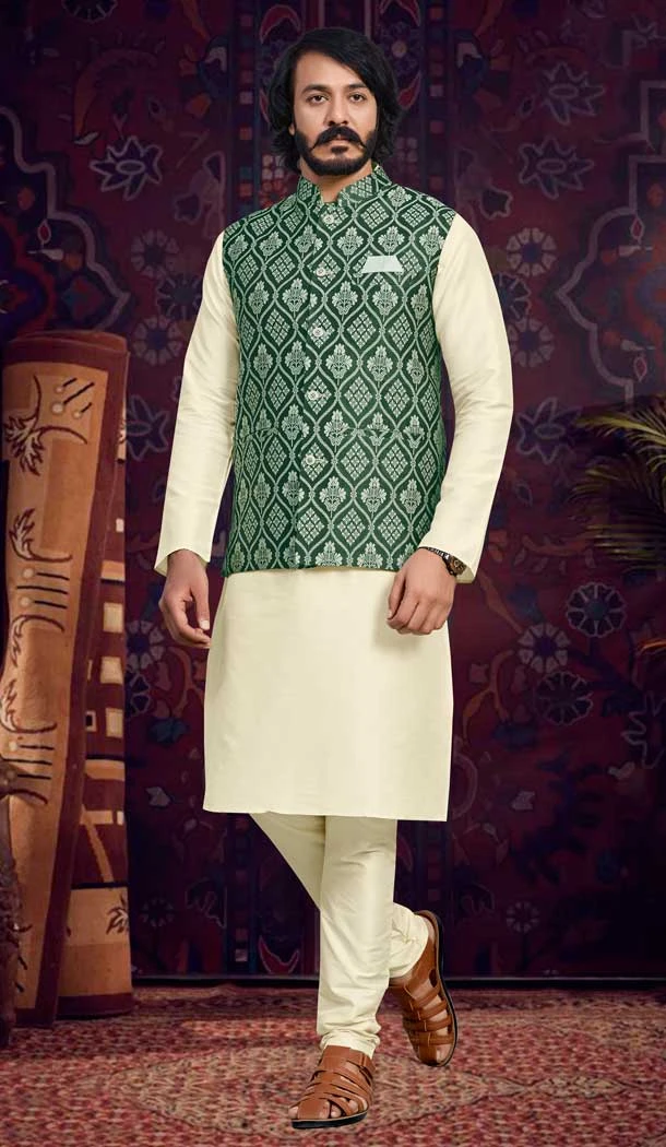 Traditional Wear Cream And Green Color Jacquard Men's Kurta Pajama With Jacket -5107159869