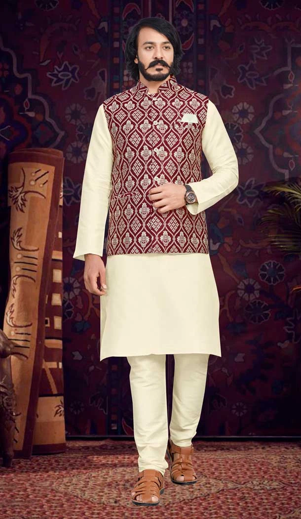 Traditional Wear Cream And Maroon Color Jacquard Men's Kurta Pajama With Jacket -5107159870