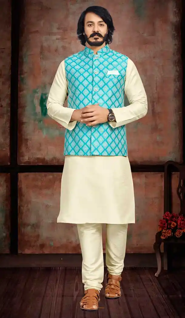 Festival Wear Cream And Sky Blue Color Art Silk Men's Kurta Pajama With Jacket -5108159873