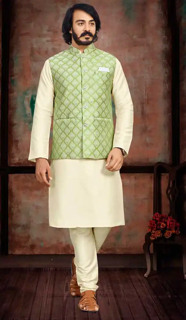 Festival Wear Cream And Pista Green Color Art Silk Men's Kurta Pajama With Jacket -5108159874