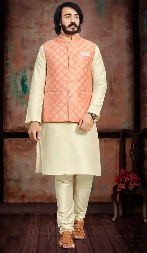 Festival Wear Cream And Orange Color Art Silk Men's Kurta Pajama With Jacket -5108159876