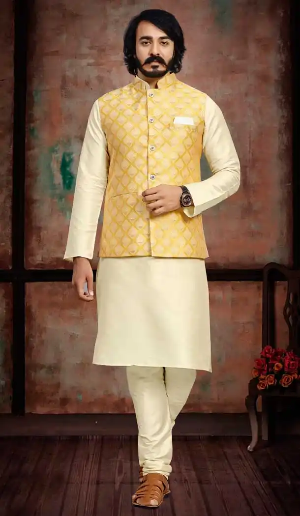 Festival Wear Cream And Yellow Color Art Silk Men's Kurta Pajama With Jacket -5108159878