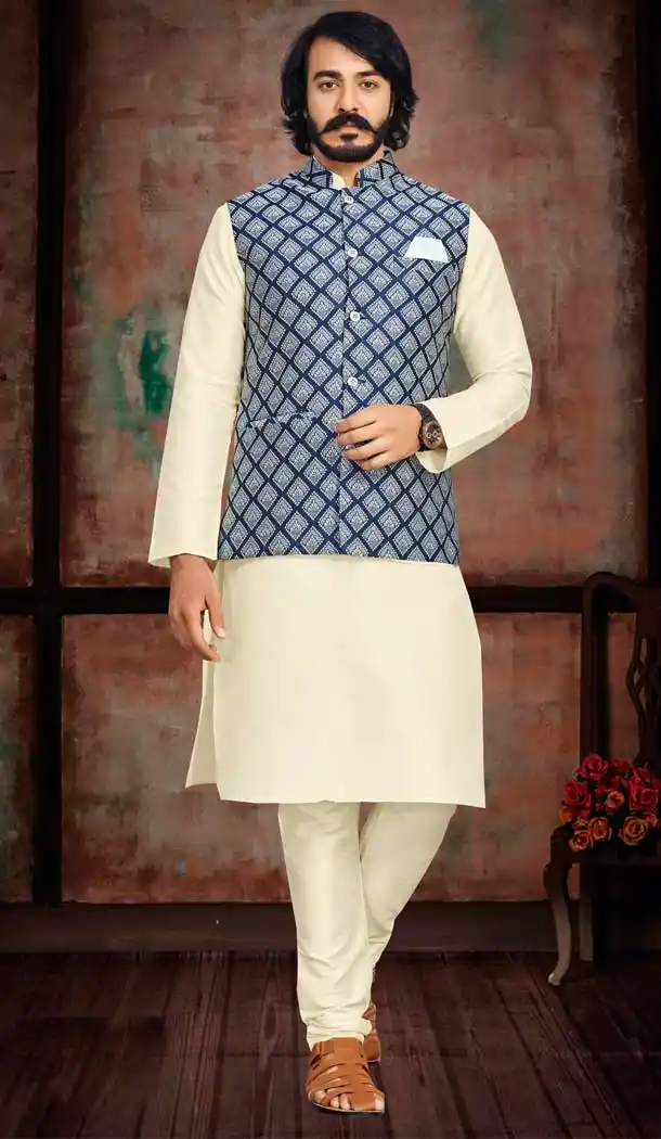 Festival Wear Cream And Blue Color Art Silk Men's Kurta Pajama With Jacket -5108159879