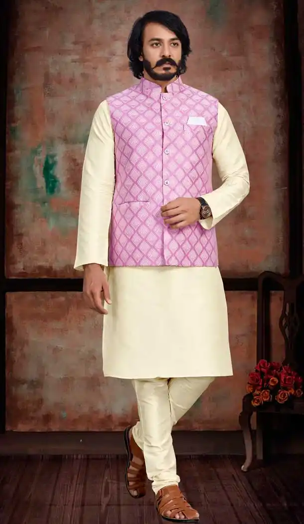 Festival Wear Cream And Pink Color Art Silk Men's Kurta Pajama With Jacket -5108159880