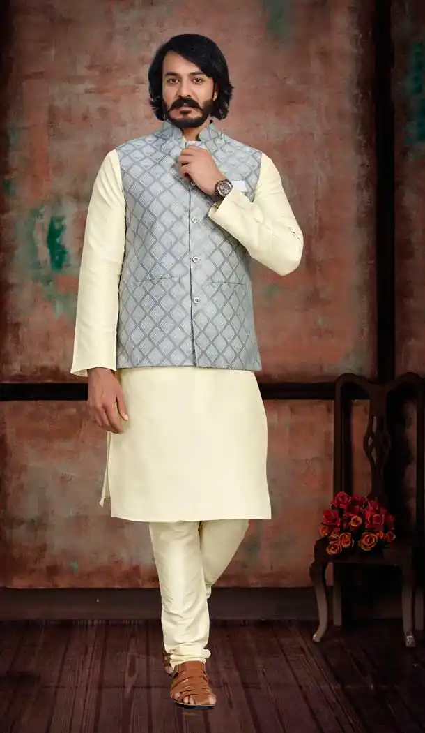 Festival Wear Cream And Grey Color Art Silk Men's Kurta Pajama With Jacket -5108159881