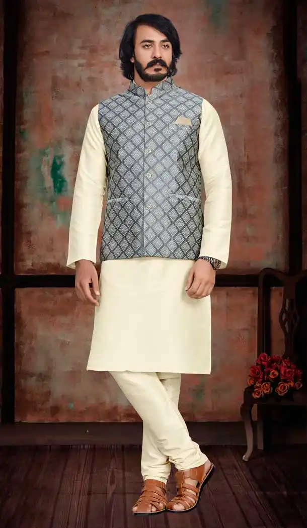 Cream And Grey Color Festival Wear Art Silk Men's Kurta Pajama With Jacket -5108159882