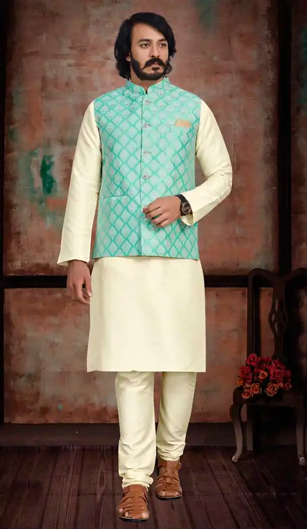 Cream And Sky Blue Color Festival Wear Art Silk Men's Kurta Pajama With Jacket -5108159883