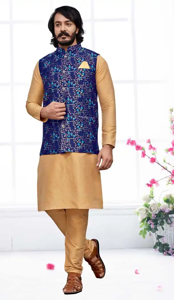 Gold Color Art Silk Self Work Function Wear Men's Kurta Pajama With Jacket -5109159885