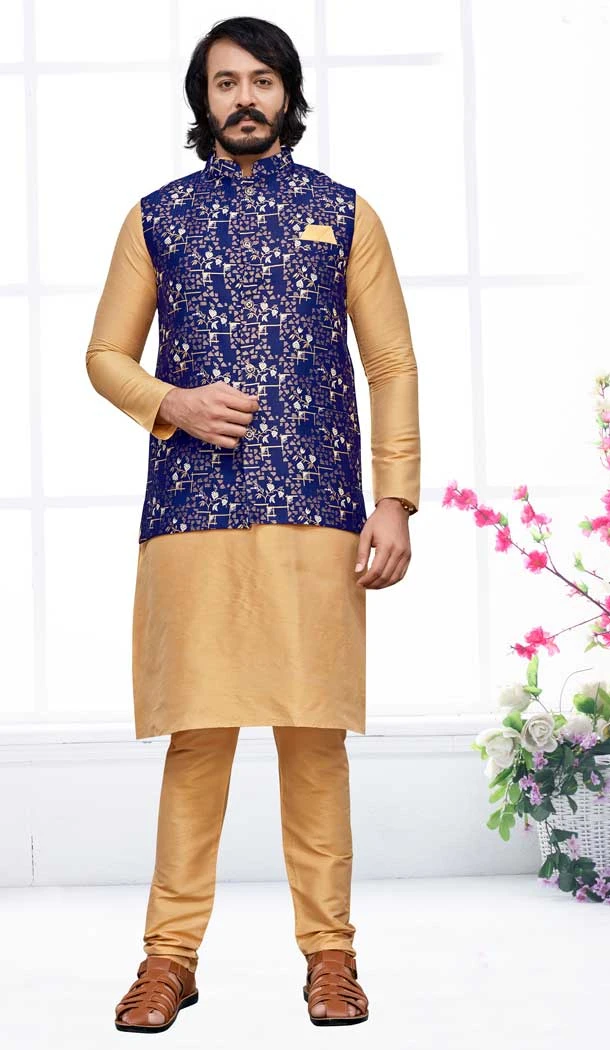 Art Silk Gold Color Self Work Function Wear Men's Kurta Pajama With Jacket -5109159886