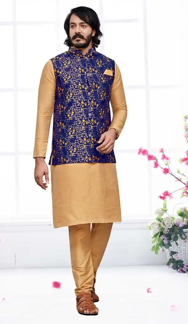 Function Wear Gold Color Art Silk Self Work Men's Kurta Pajama With Jacket -5109159888