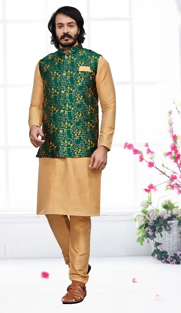 Gold Color Art Silk Self Work Function Wear Designer Men's Kurta Pajama With Jacket -5109159889