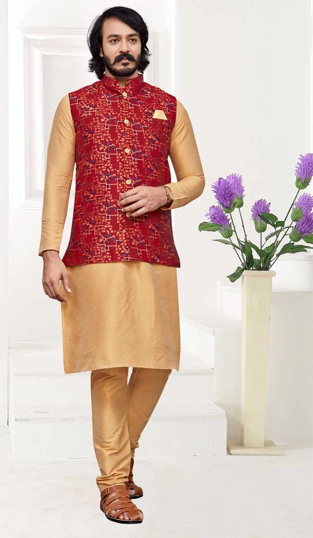 Art Silk Function Wear Gold Color Self Work Men's Kurta Pajama With Jacket -5109159891