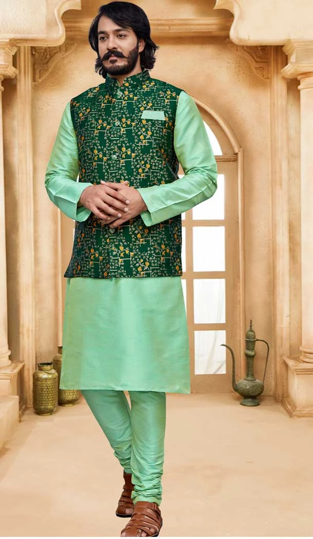 Art Silk Pista Green Color Self Work Function Wear Men's Kurta Pajama With Jacket -5109159896