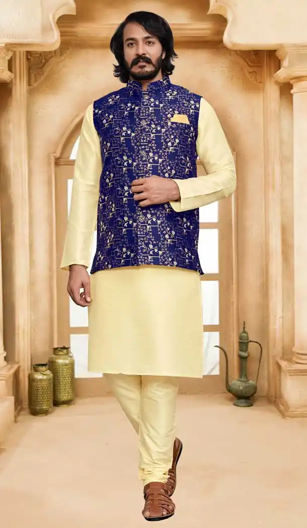 Cream Color Art Silk Self Work Function Wear Men's Kurta Pajama With Jacket -5109159897