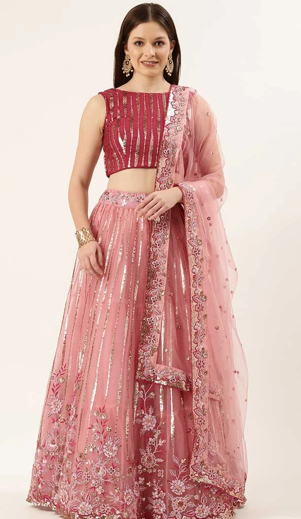 Wedding Wear Pink Color Net Sequins And Zari Work Plus Size Lehenga Choli -5111159902