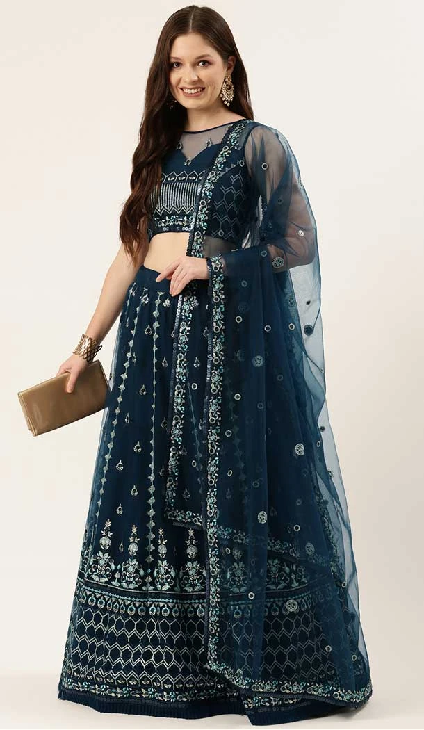 Wedding Wear Navy Blue Color Net Sequins And Zari Work Plus Size Lehenga Choli -5111159904