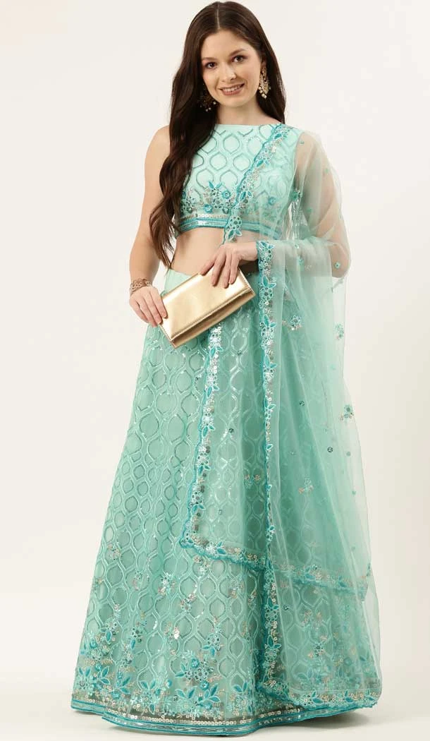 Wedding Wear Turquoise Blue Color Net Sequins And Zari Work Plus Size Lehenga Choli -5111159906