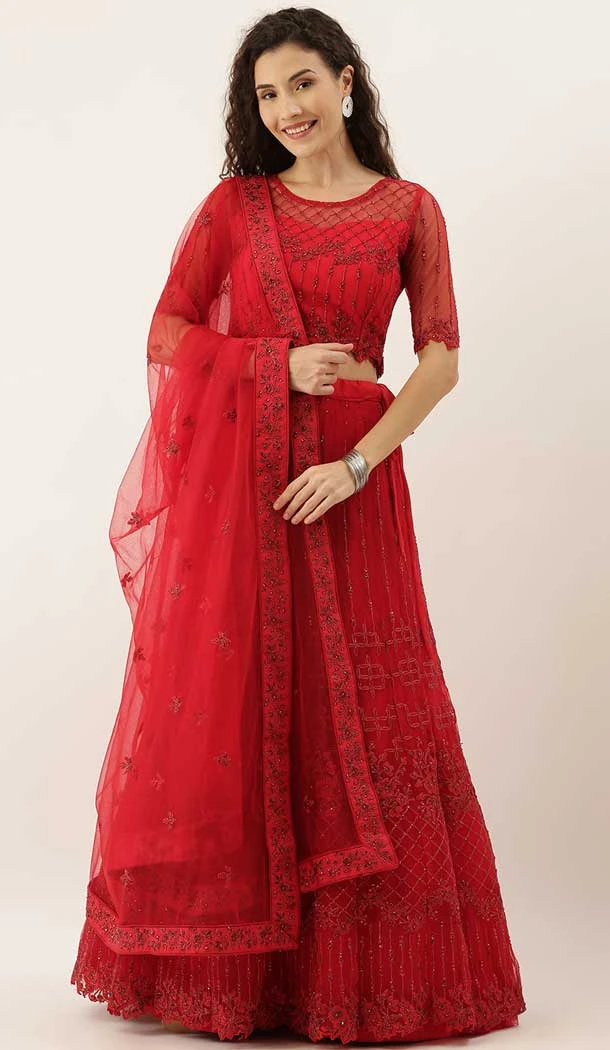 Red Color Net Embroidery Work Party Wear Designer Lehenga Choli -5112159908