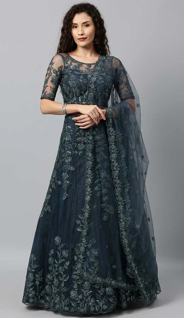Dark Grey Color Net Embroidery Work Party Wear Designer Lehenga Choli -5112159909