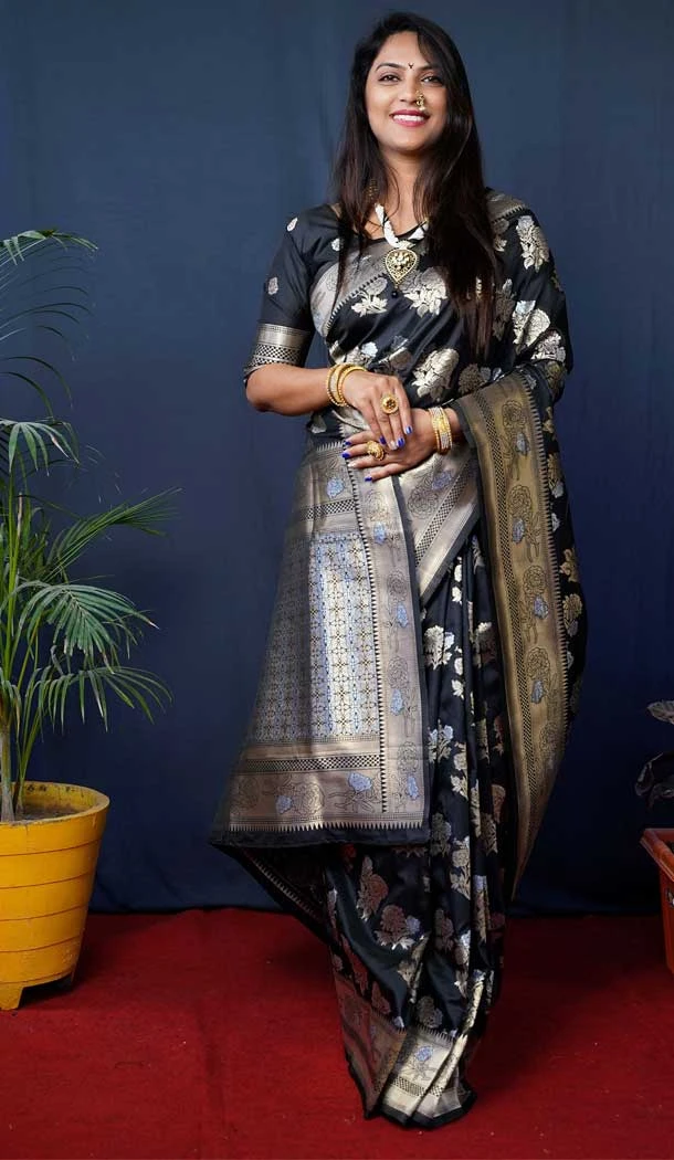 Black Color Banarasi Silk Jacquard Work Traditional Wear Saree -5116159949