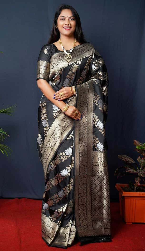 Black Color Banarasi Silk Jacquard Work Traditional Party Wear Designer Saree -5117159954