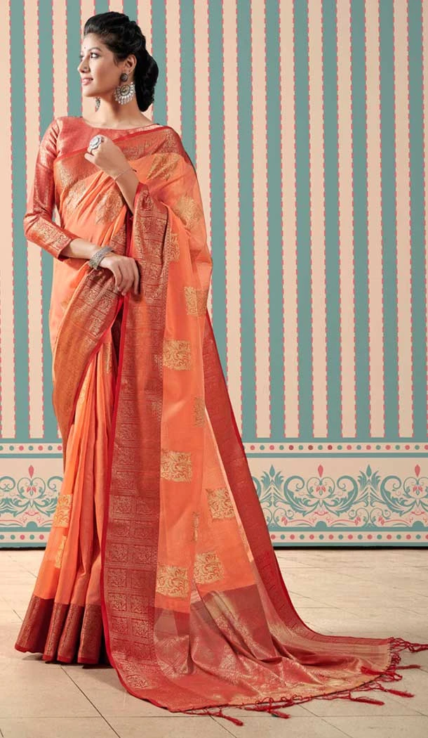 Peach Color Pure Linen Weaving Work Party Wear Plus Size Saree Blouse -5072159620