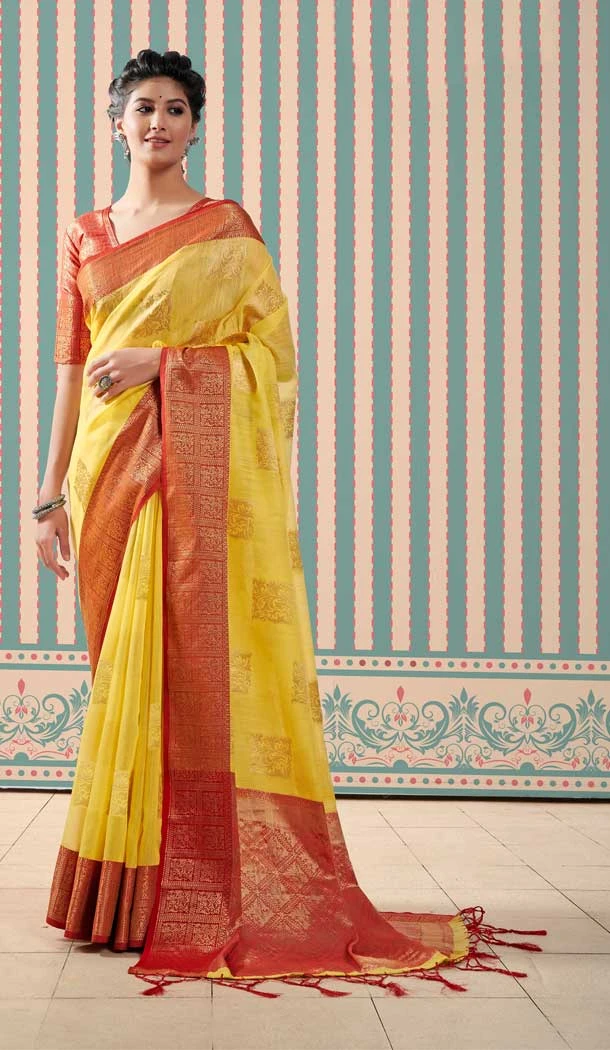 Yellow Color Pure Linen Weaving Work Party Wear Plus Size Saree Blouse -5072159621 Yellow Color Pure Linen Weaving Work Party Wear Plus Size Saree Blouse -5072159621