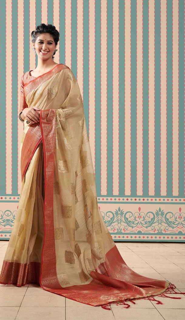 Chiku Color Pure Linen Weaving Work Party Wear Plus Size Saree Blouse -5072159622 Chiku Color Pure Linen Weaving Work Party Wear Plus Size Saree Blouse -5072159622