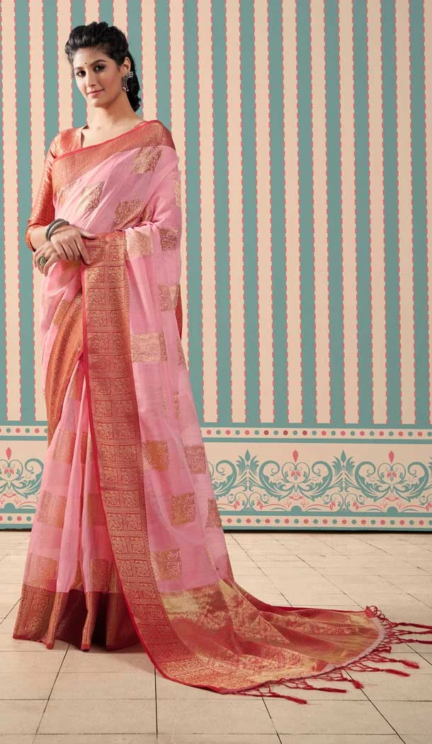 Light Pink Color Pure Linen Weaving Work Party Wear Plus Size Saree Blouse -5072159623