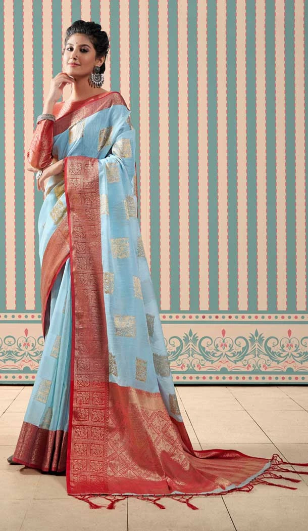 Sky Blue Color Pure Linen Weaving Work Party Wear Plus Size Saree Blouse -5072159624 Sky Blue Color Pure Linen Weaving Work Party Wear Plus Size Saree Blouse -5072159624