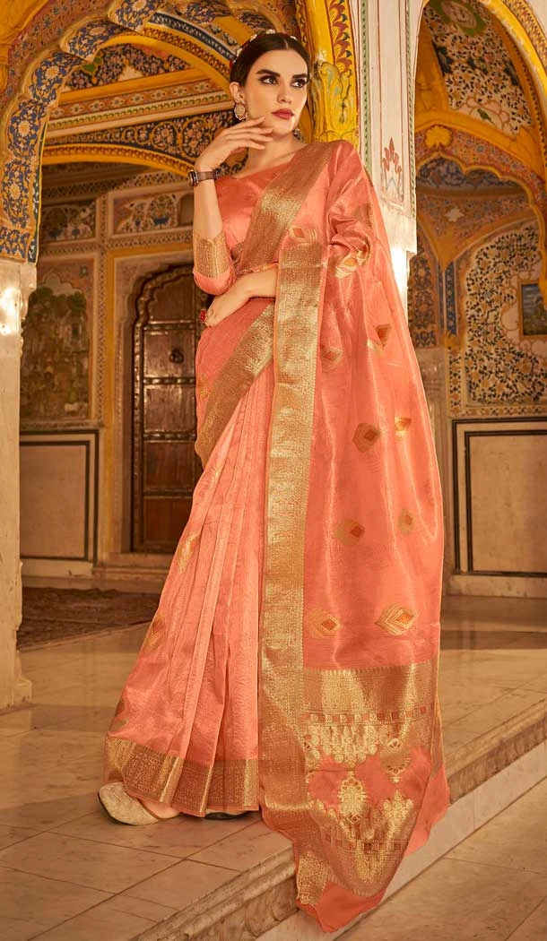 Peach Color Soft Silk Gold And Copper Zari Work Traditional Wear Plus Size Saree -5073159628