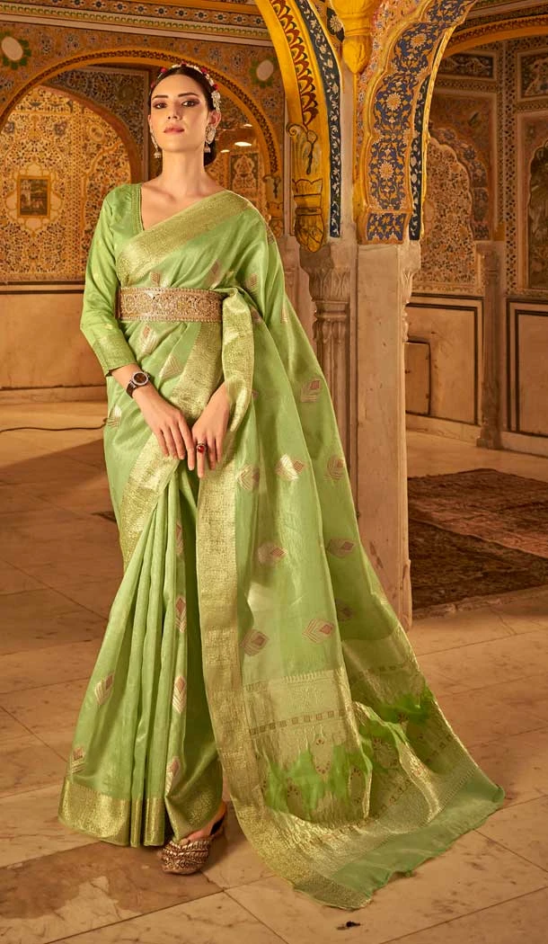 Pista Color Soft Silk Gold And Copper Zari Work Traditional Wear Plus Size Saree -5073159629