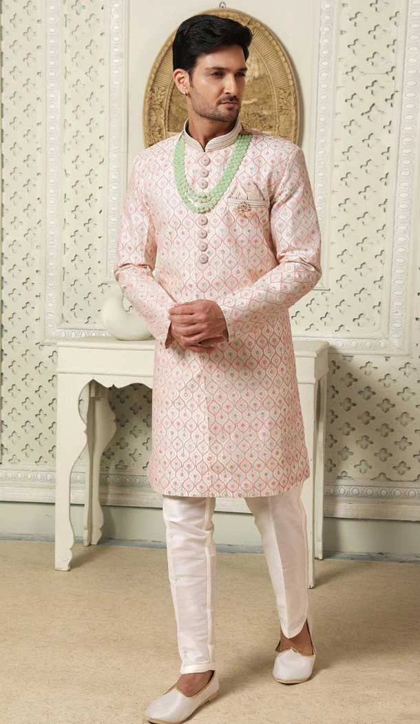 Cream Color Art Silk Sequins Work Wedding Wear Men's Semi Indo Western -5119159971