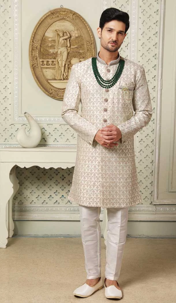 Art Silk Cream Color Sequins Work Wedding Wear Men's Semi Indo Western -5119159972