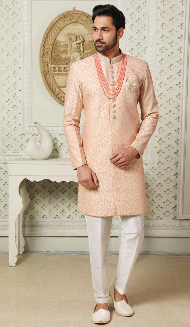 Beige Color Art Silk Sequins Work Wedding Wear Men's Semi Indo Western -5119159973