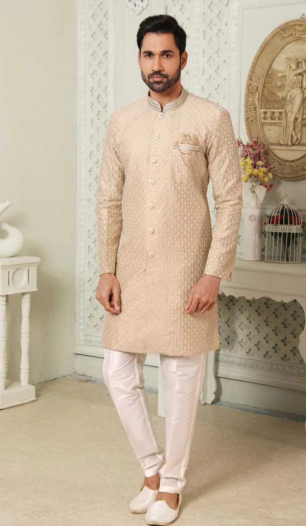 Art Silk Beige Color Sequins Work Wedding Wear Men's Semi Indo Western -5119159975